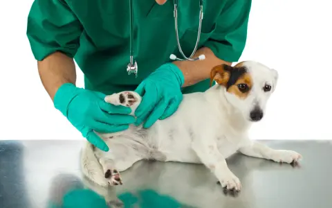 Vétérinaire examinant la patte d'un chien, possiblement pour un problème de ligament croisé.