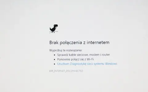 Dinozaur z Chrome pokazuje komunikat "Brak połączenia z internetem". Wi-Fi połączono, brak internetu.