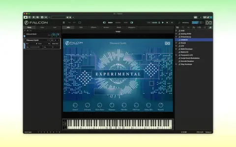 Interfejs programu uvi falcon z widocznym presetem "Fibonacci Synth" i wirtualnymi klawiszami.