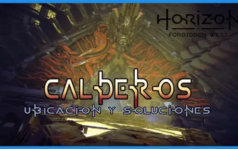 Interior de una estructura futurista con cables rojos. Texto: CALDEROS HORIZON FORBIDDEN WEST.