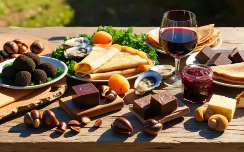 Un festin de saveurs françaises : huîtres, crêpes, marrons, chocolat et vin rouge, un plat typique français par région.