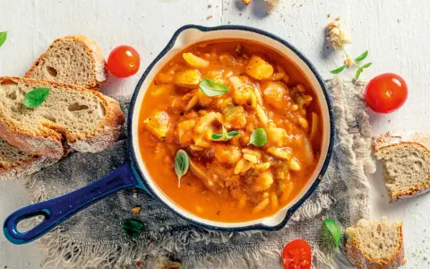Herzhafte italienische Suppe mit Gemüse und Nudeln, serviert mit rustikalem Brot und frischen Tomaten. Ein Genuss für kalte Tage.