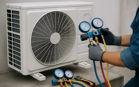 Tecnico controlla il gas nel condizionatore con manometri.