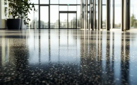Reflejos en un suelo de terrazo pulido, ideal para modernizar espacios con un toque elegante y duradero.