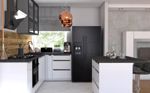 Nowoczesna kuchnia z czarną, wolnostojącą lodówką. Aranżacje wnętrza z wyspą i eleganckimi dodatkami.
