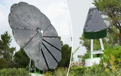 Un tournesol solaire, ouvert comme une fleur, capte la lumière. Fermé, il ressemble à un cône futuriste.