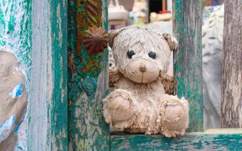 Orsacchiotto logoro tra assi scrostate, un'immagine che evoca la psicosi infantile e la perdita dell'innocenza.