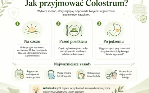 Jak przyjmować colostrum? Na czczo, przed lub po posiłku. Regularność ważniejsza niż godzina. Unikaj gorącej kawy. Dodaj do jogurtu.