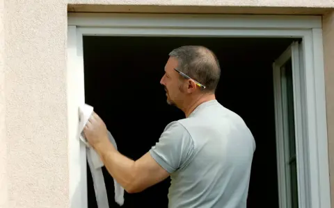 Homme en cours de pose de fenêtre en rénovation, nettoyant le cadre avec un chiffon. Un crayon est coincé derrière son oreille.
