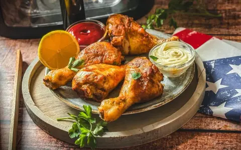 Saftige drumsticks aus dem Airfryer, serviert mit Ketchup, Mayonnaise und Zitrone. Perfekt für einen leckeren Snack!