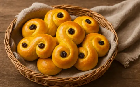 En korg fylld med gyllene lussebullar, perfekta för ett saftigt lussebullar recept.
