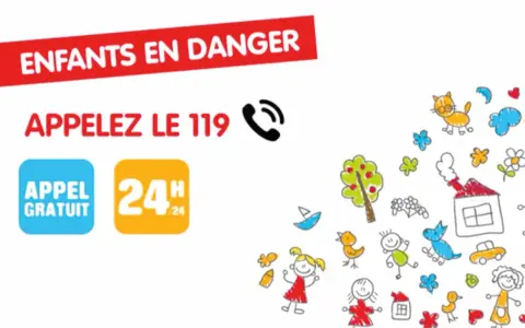Enfants en danger : appelez le 119. Appel gratuit 24h/24. Illustrations d'enfants et d'animaux.