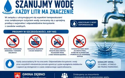 Kran z kroplą wody symbolizuje oszczędzanie wody. Plakat przypomina o racjonalnym korzystaniu z zasobów wodnych, podkreślając, że każdy litr ma znaczenie.