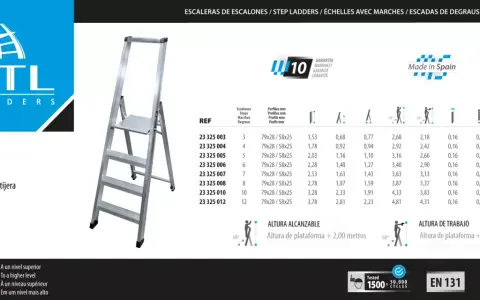Catálogo de tipos de escaleras de trabajo KTL. Escalera de tijera XL con tabla de especificaciones y medidas.