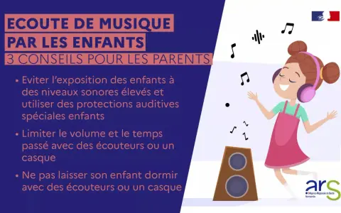 Une fillette danse, écouteurs aux oreilles, entourée de notes de musique. Un exemple de bruit sonore à éviter pour les enfants.