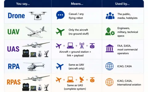 This chart explains drone terminology. The "invisible drone" is a concept, not pictured, but the chart shows various types of drones and their uses.