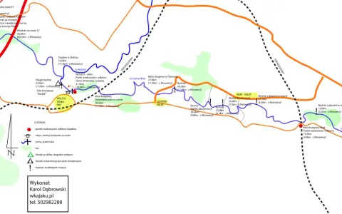 Mapa szlaku kajakowego na Podkarpaciu z zaznaczonymi punktami wodowania, bystrzami i miejscami biwakowymi.