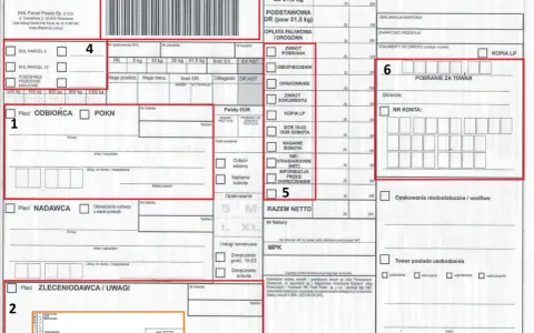 List przewozowy DHL zawiera dane nadawcy, odbiorcy, informacje o przesyłce i opłatach. To dokument potwierdzający nadanie paczki.