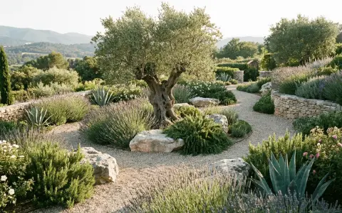 Un jardin méditerranéen avec un olivier centenaire, des lavandes, des agaves et des rochers. Les différents sedum apportent une touche de couleur et de texture.