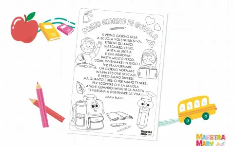 Pagina da colorare con una filastrocca del nuovo anno scolastico, con bambini, libri, matite, zaino e scuolabus.