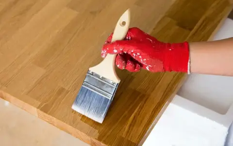 Application d'huile de lin sur un bois clair. La main gantée de rouge applique le produit pour protéger le bois, loin des insectes.