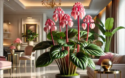 Kwiat medinilla z różowymi kwiatostanami i dużymi, zielonymi liśćmi w eleganckim wnętrzu.