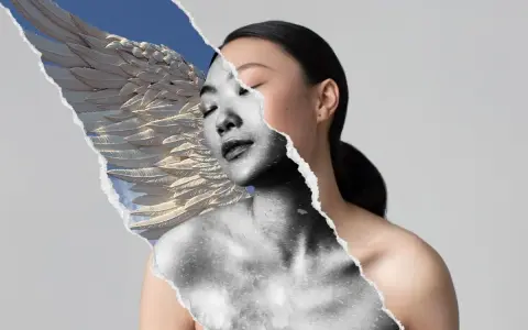 A torn collage reveals an Asian woman's face and body, with a feathered wing and sky on the left. One of the best portraits.