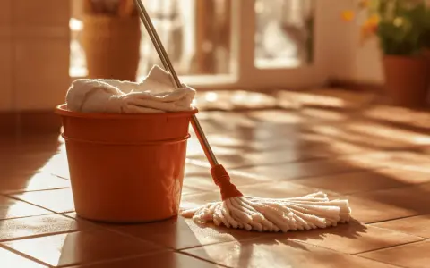Seau orange avec serpillère et serviette, prêt pour le nettoyage de terre cuite avec bicarbonate de soude.