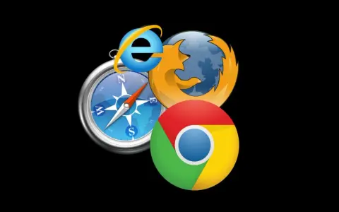 Ikony przeglądarek Chrome, Firefox, Internet Explorer i kompas na czarnym tle.