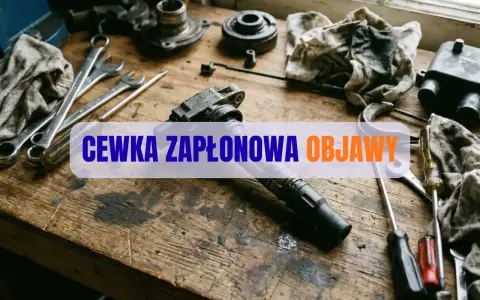 Warsztat samochodowy z narzędziami i częściami. Na blacie leży cewka zapłonowa, a obok klucze i śrubokręty. Tekst: "CEWKA ZAPŁONOWA OBJAWY".