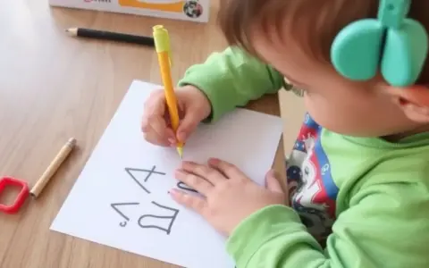 Dziecko w słuchawkach próbuje pisać na kartce.