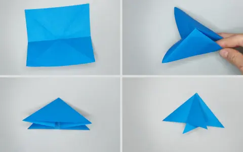Pasos para papiroflexia para niños: un avión de papel azul se pliega en cuatro etapas.