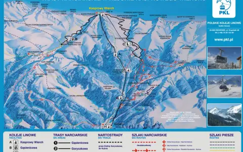 Mapa tras narciarskich w rejonie Kasprowego Wierchu. Pokazuje szlaki, wyciągi i punkty widokowe.