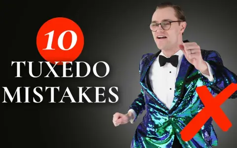 Man in a sparkly tuxedo jacket with a red X, illustrating what to wear to a black tie event and common tuxedo mistakes.