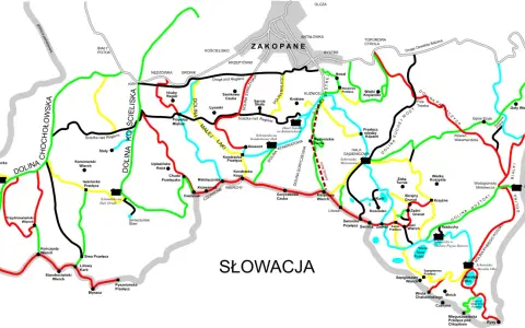 Mapa Tatr z zaznaczonymi szlakami turystycznymi. Kolory szlaków wskazują ich trudność. Znajdź jakie szlaki w Zakopanem wybrać na wycieczkę.