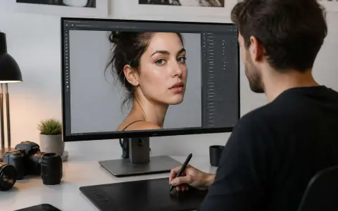 Un homme retouche un portrait sur Photoshop, utilisant un outil fluidité pour peaufiner les détails du visage.