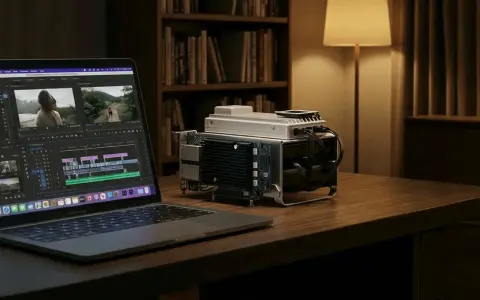 Un ordinateur portable affiche un logiciel de montage vidéo. À côté, un appareil complexe, peut-être un NAS, est connecté.