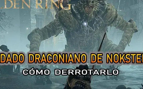 Un guerrero se enfrenta a un enorme soldado draconiano de Nokstella en Elden Ring.