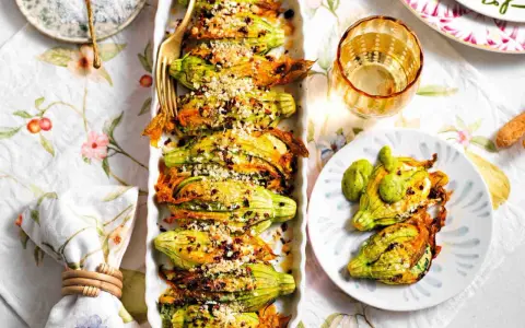 Deliziosi fiori di zucca al forno, ripieni e dorati, serviti su un piatto con un tocco di verde.