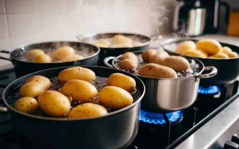 Flera kastruller med potatis som får koka på spisen. Ånga stiger upp från det bubblande vattnet.
