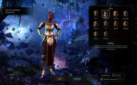 Creación de personajes de Baldur's Gate 3: una mujer Tiefling con armadura dorada y cuernos, lista para la aventura.