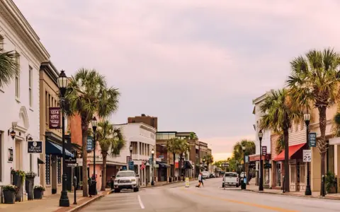 A charming street scene in Beaufort, SC, with palm trees lining the sidewalks and historic buildings. Perfect for exploring all the things to do in Beaufort, SC.