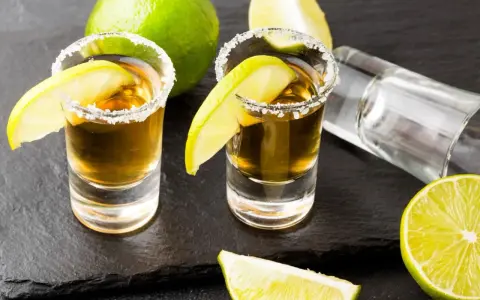 Dwa kieliszki tequili z solą i limonką, gotowe do degustacji. Czas sprawdzić, jak smakuje tequila!