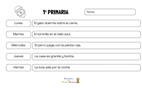 Hoja de dictado 1 primaria con frases sencillas para practicar la escritura.