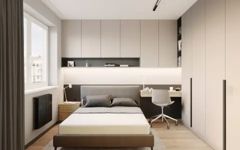 Dormitorio moderno con cama, escritorio y armarios empotrados. Ideas de almacenamiento de dormitorio para maximizar el espacio.