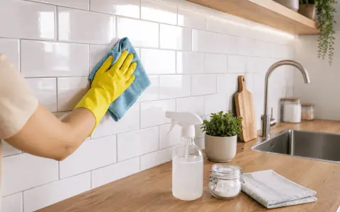 Mano con guante amarillo limpiando azulejos blancos de cocina con paño azul. Spray, planta y bicarbonato cerca del fregadero.