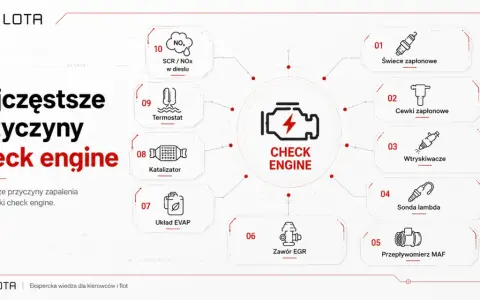 Najczęstsze przyczyny zapalenia się kontrolki check engine: świece, cewki, wtryskiwacze, sonda lambda, przepływomierz MAF, zawór EGR, układ EVAP, katalizator, termostat, SCR/NOx.