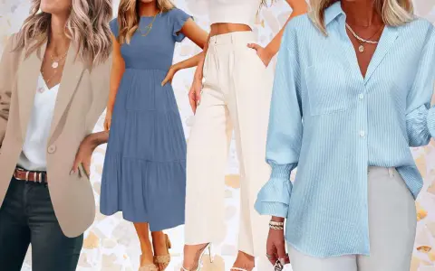 Estilos para un código de vestimenta business casual: blazer beige, vestido azul, pantalones crema y camisa a rayas celestes.