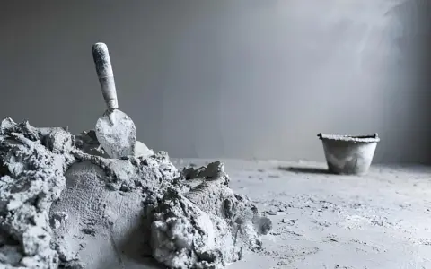 Une truelle repose sur un tas de ciment frais, prêt pour une utilisation ciment prompt sans sable. Un seau est visible au loin.