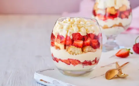 Postre en vaso con capas de crema, fresas y bizcocho, cubierto con trozos de chocolate blanco.